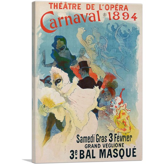 ARTCANVAS Theatre De L'Opera - Carnaval 1894 Canvas Art Print by Jules Cheret - Size: 12" x 8" (0.75" Deep)