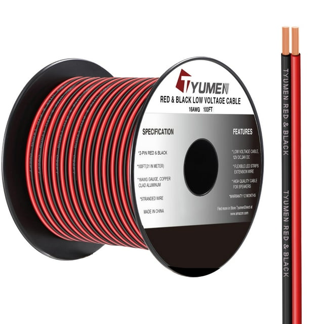 Cable Tyumen calibre 16, 30 m, 16/2 AWG, PVC rojo y negro