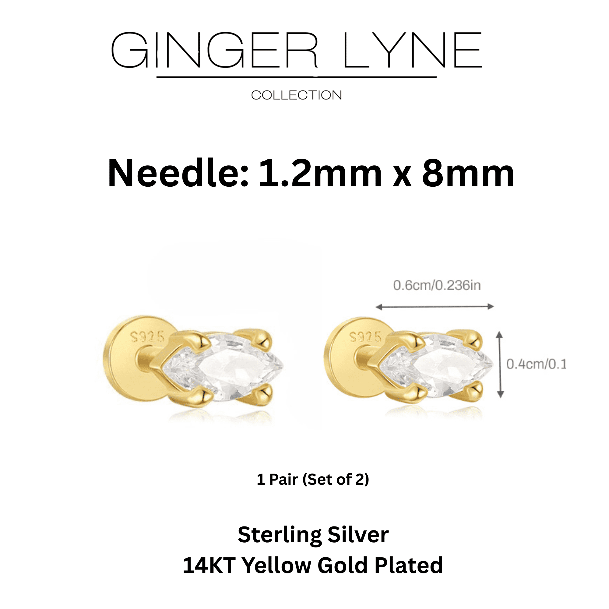 Marquise CZ Flat Back Earrings for Cartilage Helix Tragus Lobe 14Kt Gold Plated Sterling Silver 1 pair by Ginger Lyne