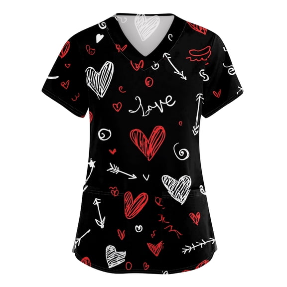 FrzhBrz Valentine's Day Scrub Tops Women Heart Print Scrub Tops Plus Size Stretch Nursing Tops Soft Nurse Uniforms with Pockets