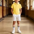 thumbnail image 5 of Boys Girls 3 Piece Loose Outfit Set Short Sleeve Lapel Top Elastic Waist Shorts and Striped Knee High Socks Casual Matched Clothing Set, 5 of 9