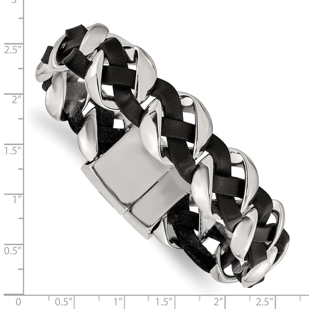 Diamond2Deal Stainless Steel Polished Black Braided Leather Bracelet for Men 8"
