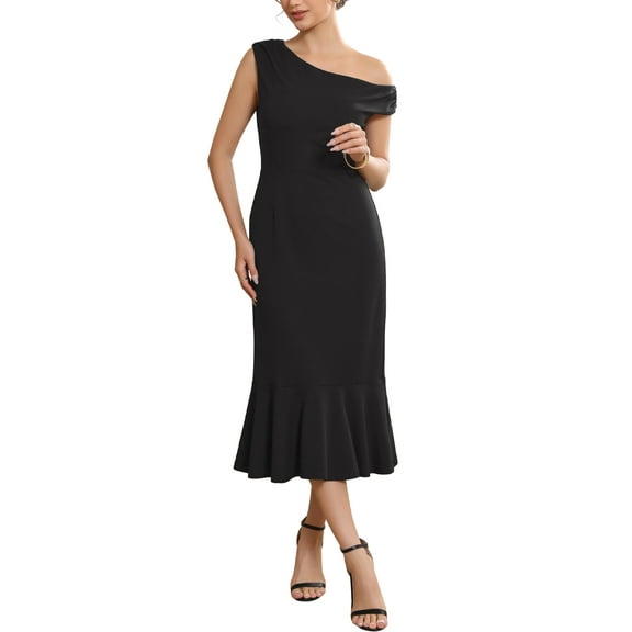INSPIRE CHIC Women's One Shoulder Formal Dress Bodycon Fishtail Long Evening Cocktail Dresses S Black