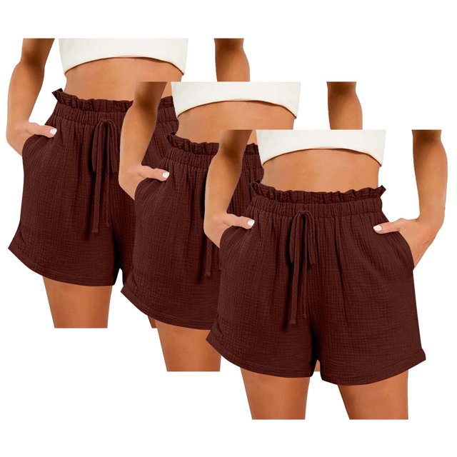 Hyknon 3PC Shorts for Women Summer Casual Solid Color Comfortable Loose Fitting Workout Shorts Elastic Waist Drawstring Sports Gym Running Shorts with Pockets