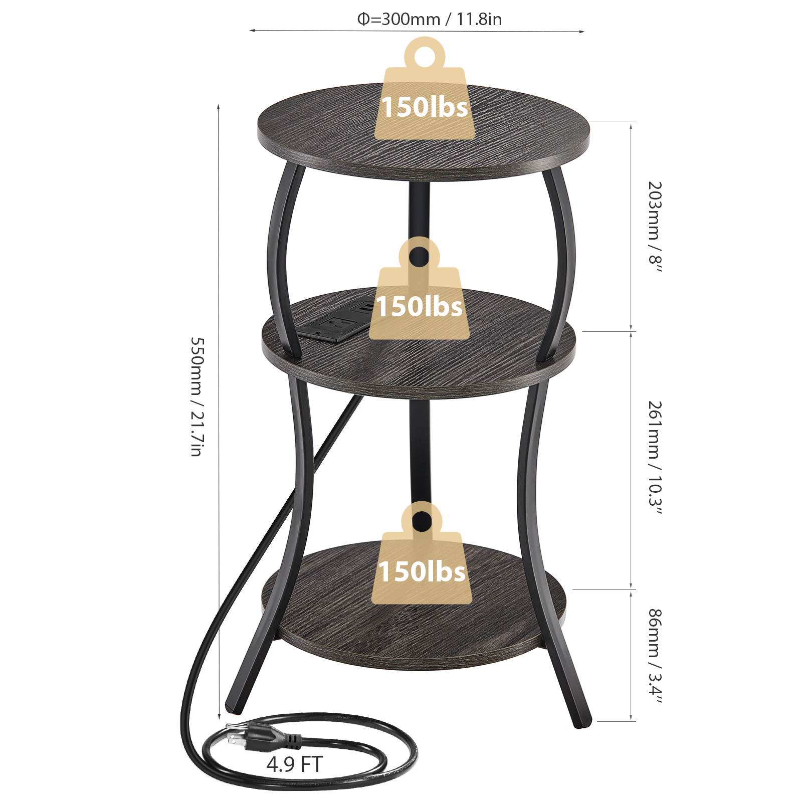 ZEXVIDA Round Side Table with Charging Station, 3-Tier Circular End Table and Compact Sofa Side Table, Gray