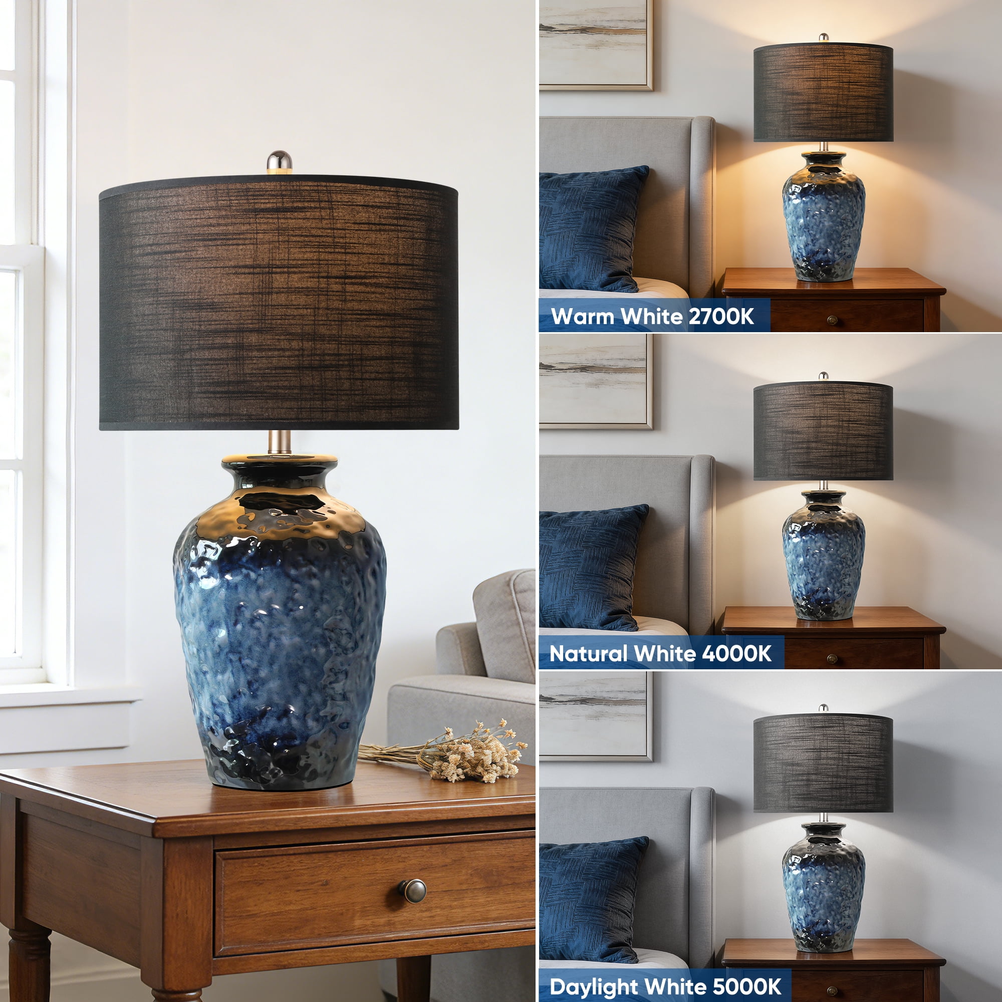 26in Farmhouse Ceramic Table Lamp, Rustic Navy Blue Bedside Lamp with Black Linen Shade for Bedroom Living Room Office Nightstand