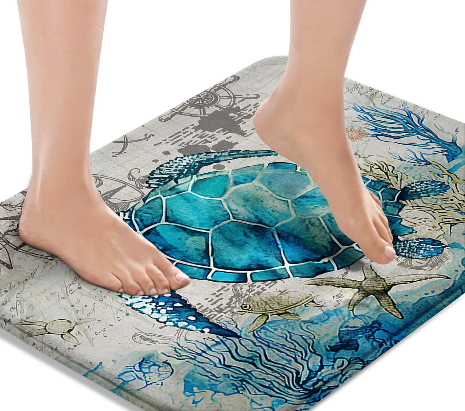 Blue Turtle Bathroom Rug Set of 3, 3 Pieces Bath Mats Set, Ocean Nautical Starfish Washable Cover Floor Rug Decorations for Kitchen Bathroom Bedroom