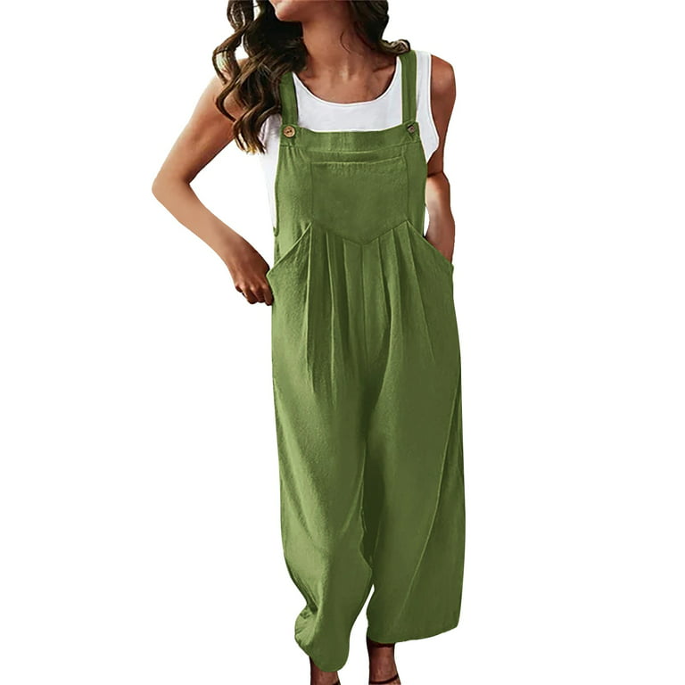 Manxivoo Fall Jumpsuits for Women Casual Pocket Women Romper Strap Solid  Playsuit Button Long Jumpsuit Women's Jumpsuit Wide Leg Jumpsuits for Women  Overall Jumpsuit for Women Green 