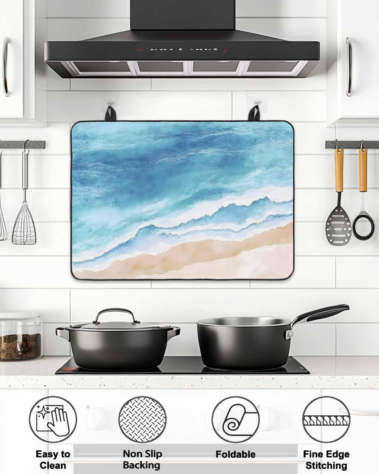 Stove Top Covers for Electric Stove, Blue Waves Glass Stovetop Cover Protector, Gradient Beach Abstract Oil Painting Art Induction Cooktop Protector Oven Mat for Kitchen Countertop 24"x21"