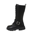 thumbnail image 2 of Girls Leather Riding Knee High Boots with Side Zipper Fashion Round Toe Comfortable Low Heel Lace Up Combat Boots Lug Sole Motorcycle Boots Little Kid/Big Kid, 2 of 5