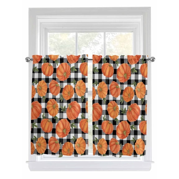 Thanksgiving Living Room Curtains 2 Panel, Fall Orange Pumpkin Black White Plaid Cafe Window Treatment, Farmhouse Bedroom Bathroom Kitchen Curtains Drapes 104"x54"