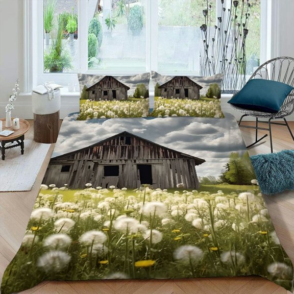 Pratyus Dandelions Barn Clouds 3-Piece Bedding Set - Peach Skin Velvet, Zipper Closure, Bedroom; Guest Room 87x68in