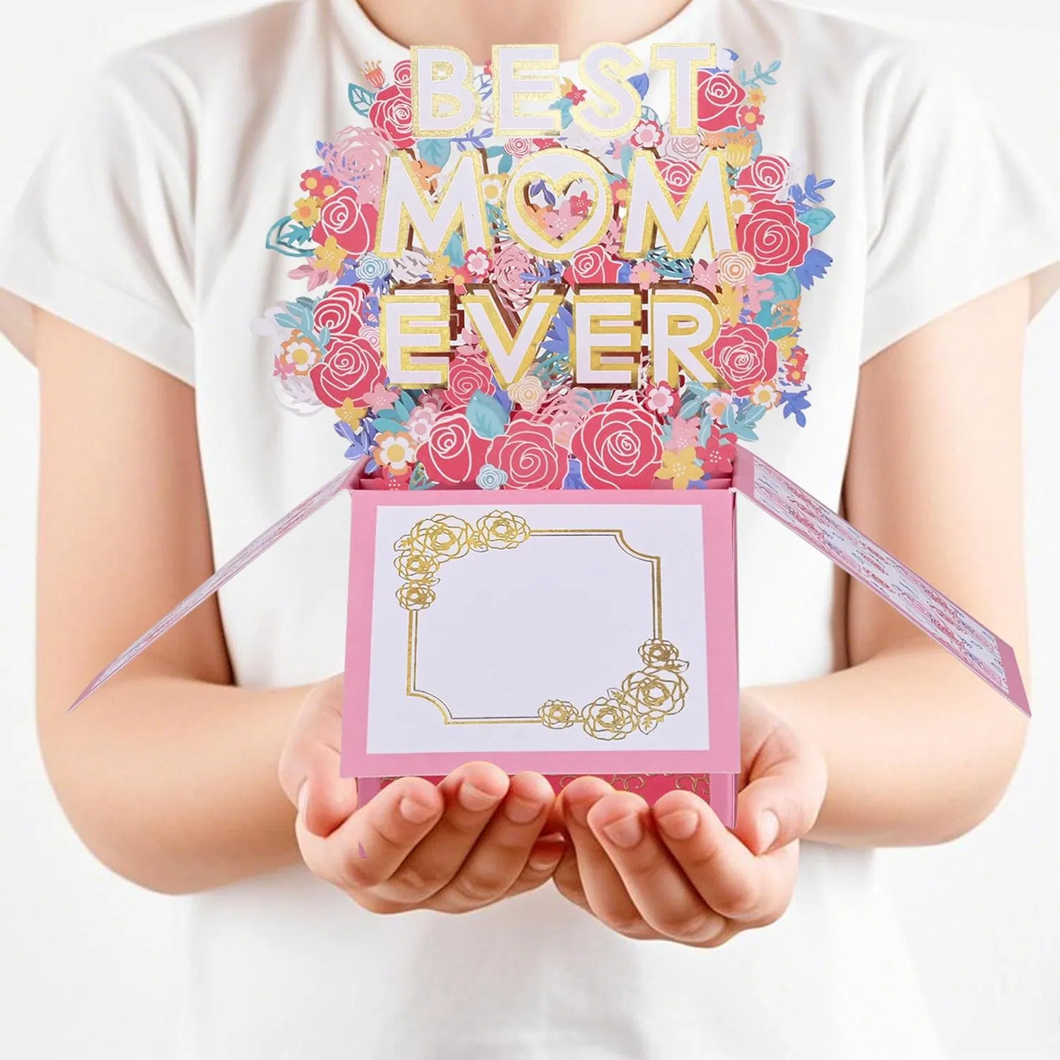 Pink 3D Pop-Up Mother’s Day Card, Best Mom Ever Flower Greeting Card with Envelope & Notecard for Mom Birthday