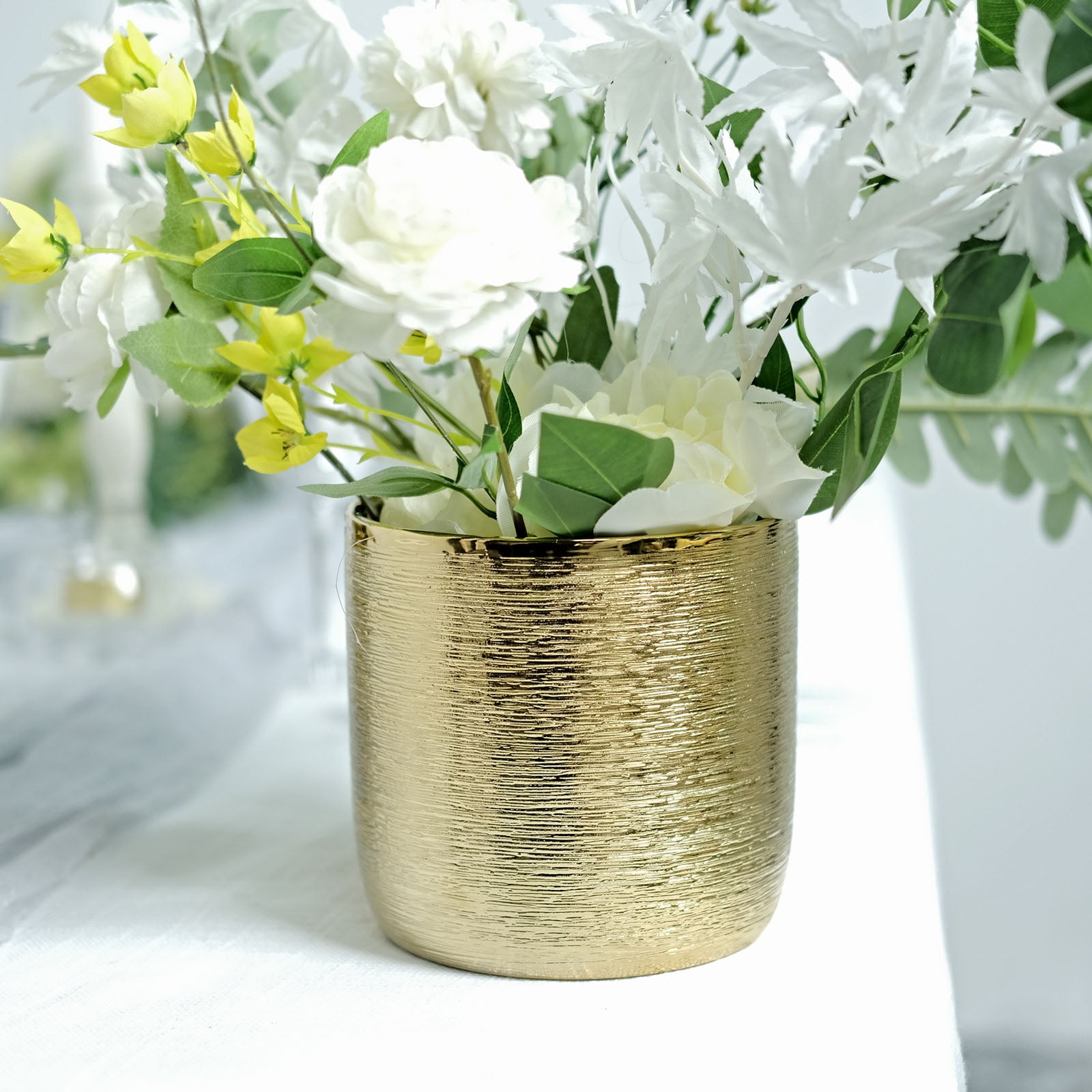 Efavormart 2 Pack | 5" Gold Textured Round Ceramic Flower Plant Pots, Cylindrical Metallic Gold ...