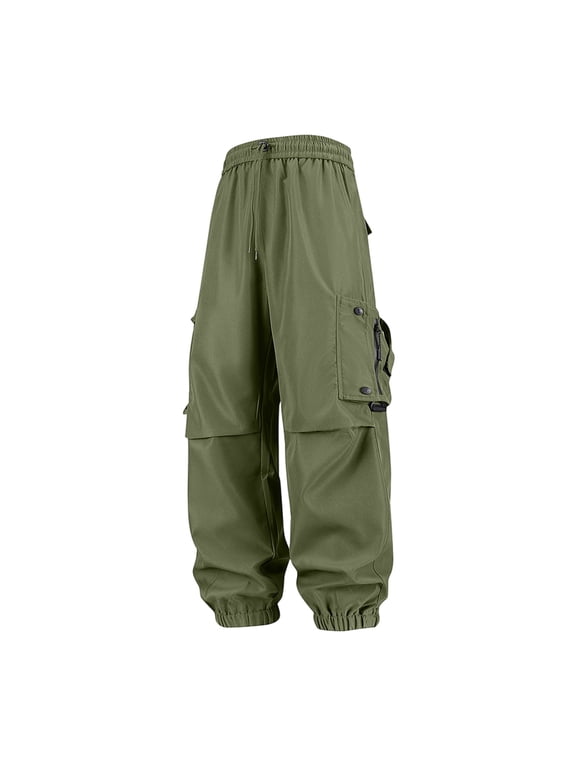 Men's Streetwear Cargo Pants, Loose Fit Multi-Pocket Tactical Trousers, Urban Style Drawstring Joggers with Elastic Cuffs for Daily Wear and Outdoor Army Green