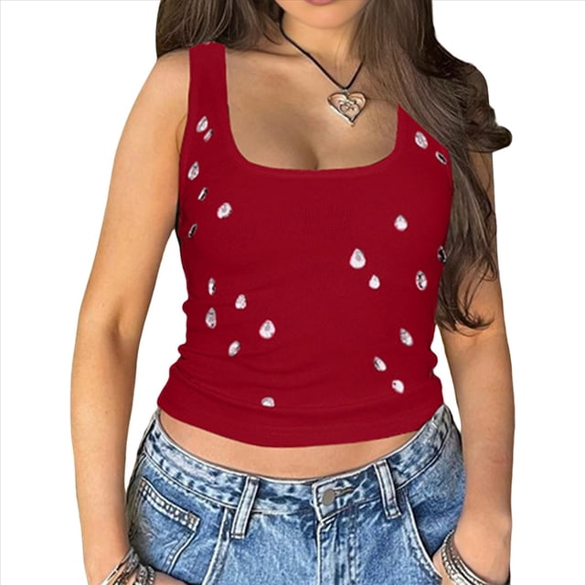 Top Corto Sin Mangas con Cuello Cuadrado Acanalado y Decorado con Diamantes de Imitación para Mujer Y2K Rojo M