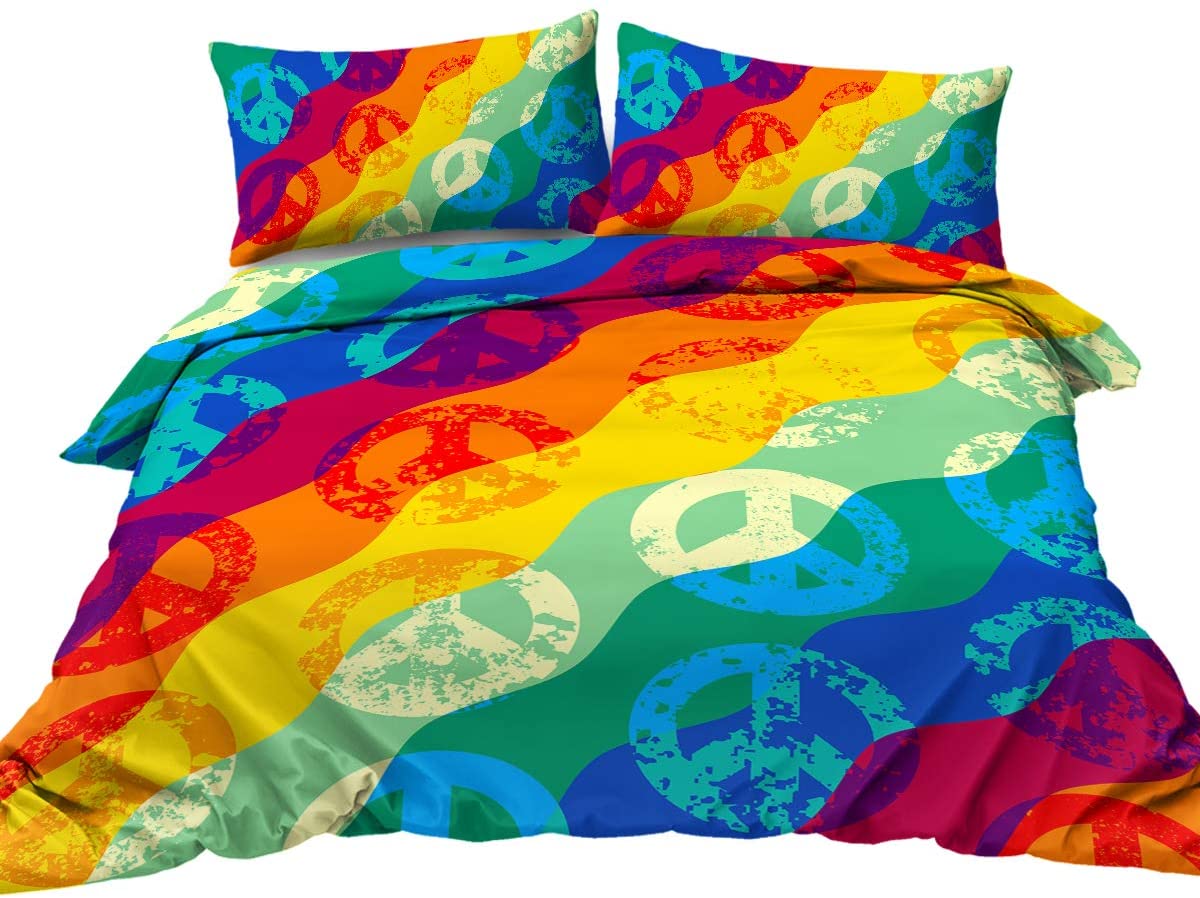 Rainbow Bedding Tie Dye Striped Bedspreads 3 Piece Groovy Hippie Peace