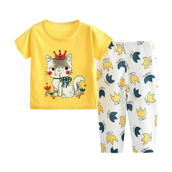 ZACPNCV Toddler Girls Pajamas Set Kids Pjs Short Sleeve Sleepwear 2 Piece Round Neck Top Capri Pants Loungewear Summer Outfits Yellow 3-4 Years