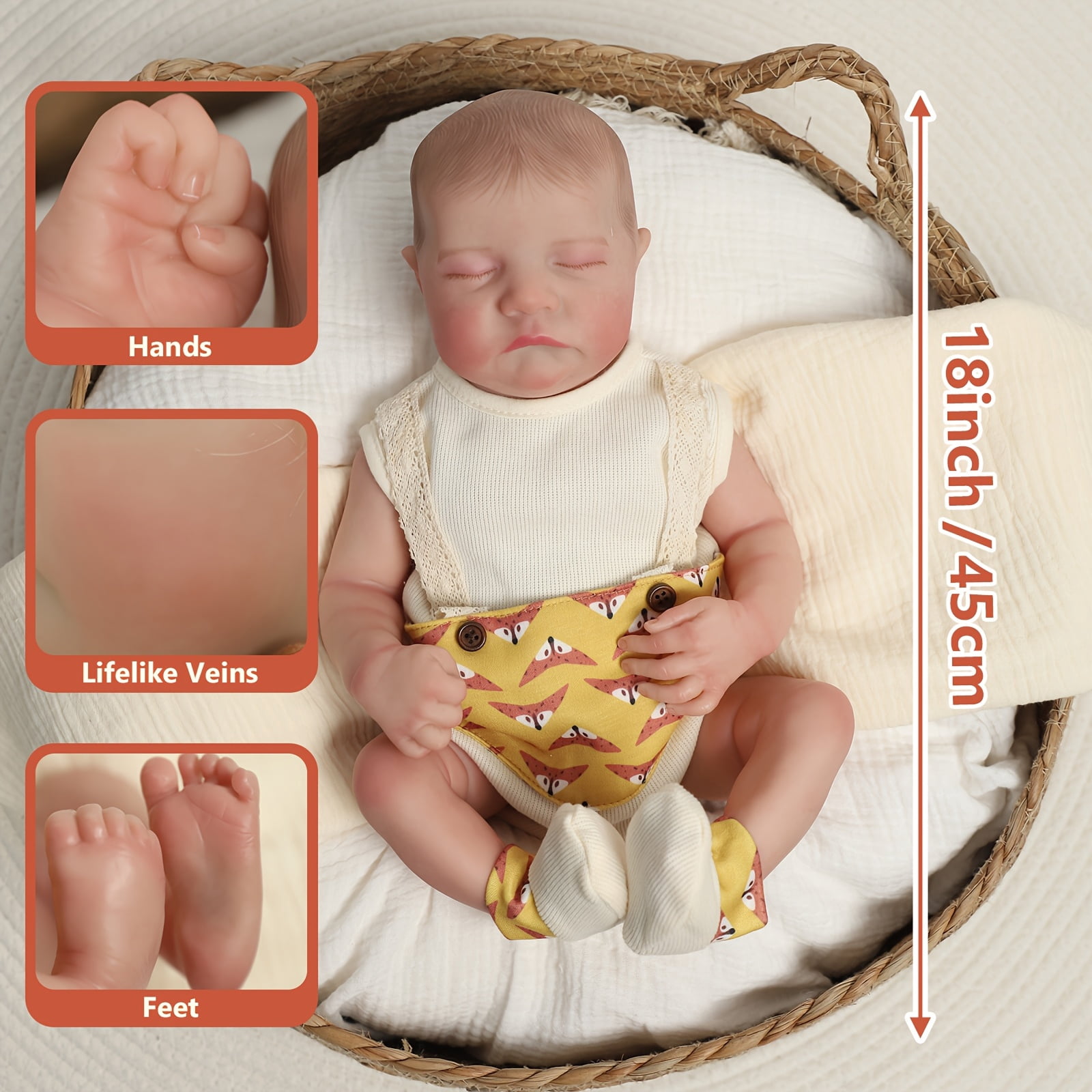 18 Inch Reborn Baby Doll Levi, Handmade Realistic Newborn Baby Doll, Full Vinyl Lifelike Baby Doll Collectible Toy, Home Decoration Gift For Birthday