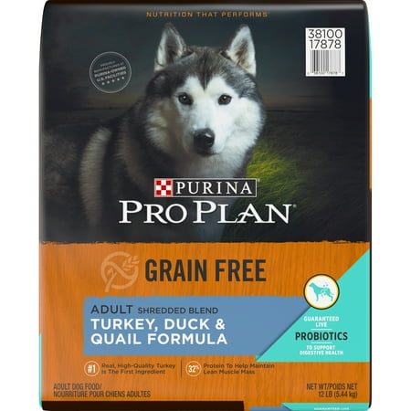 Purina Pro Plan Probiotics, Grain Free, High Protein Dry Dog Food, Shredded Turkey, Duck & Quail, 12 lb. Bag