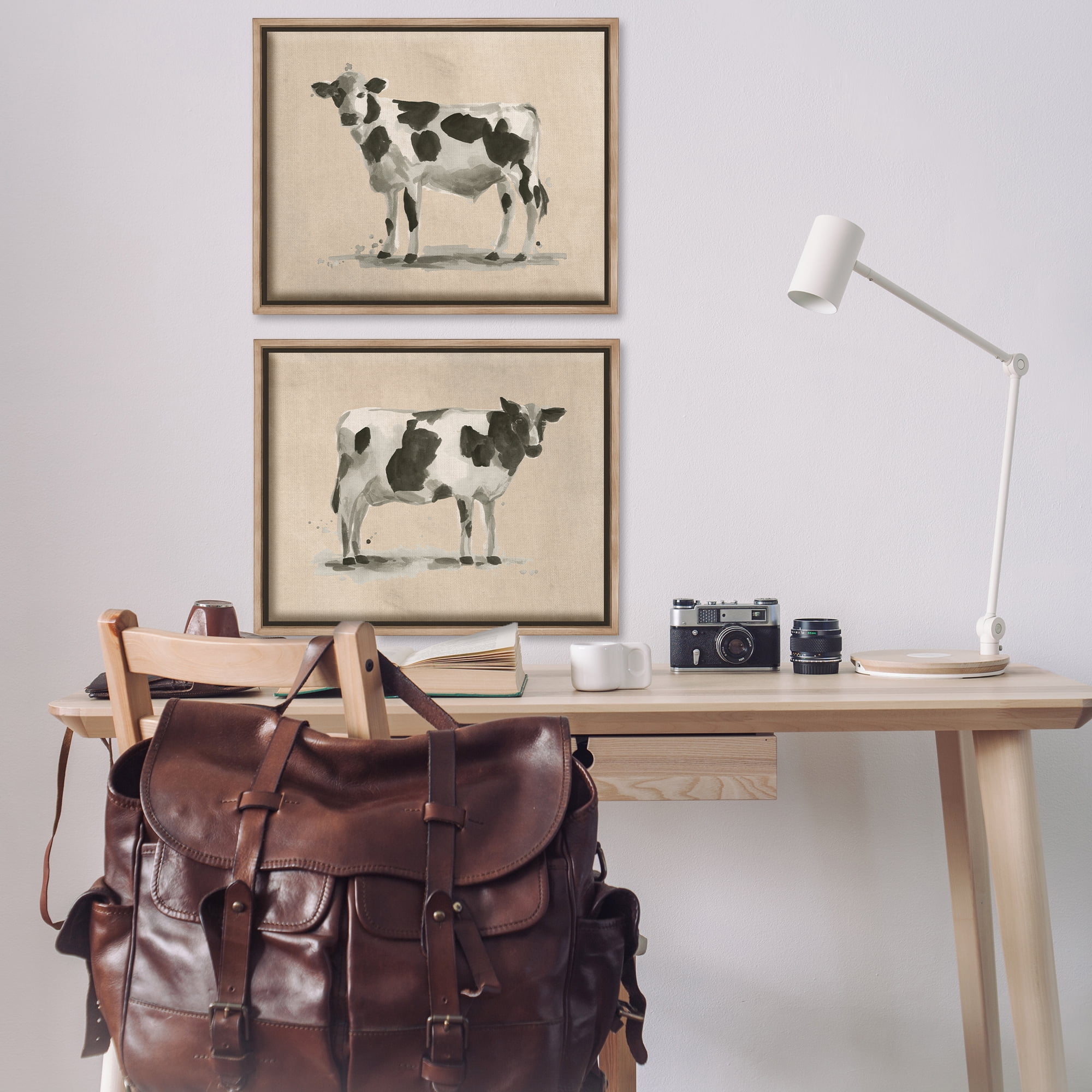 Stupell Industries Beige Holstein Cow Portrait Animals Painting Brown Floater Framed Canvas Art Print Wall Art, 31 x 25, Set of 2