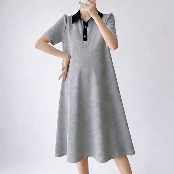 Women's Maternity Dress Short Sleeve Lapel Button Color Block Pregnancy Casual Loose Dresses Gray M