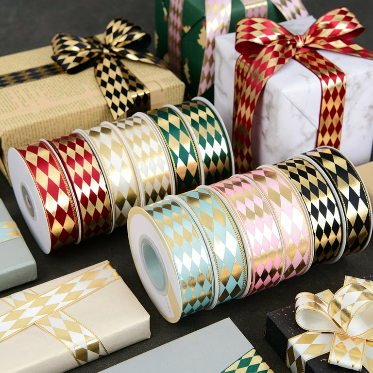GROFRY Gift Ribbon Multipurpose Beautifully No Odor Rhombus Pattern  Bronzing Decorate Durable 2.5 Yards Christmas Wrapping Ribbon for Festival  