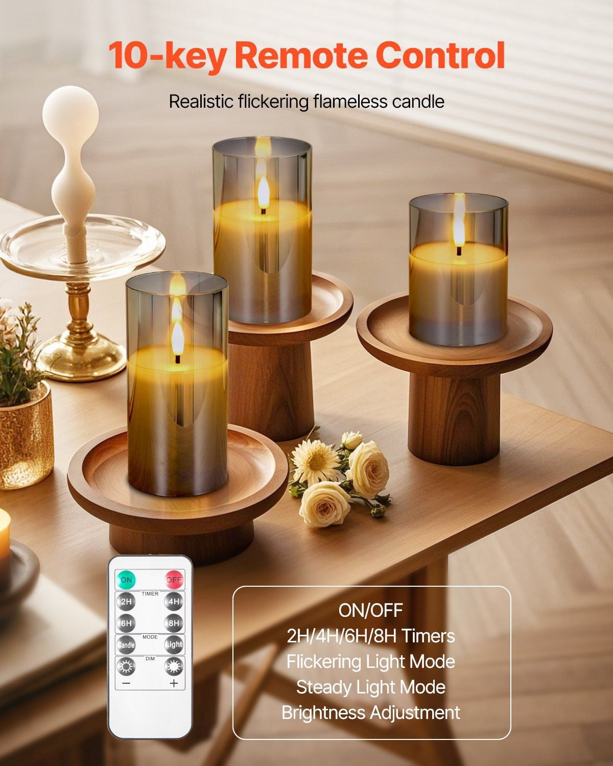 3 Pack Battery Operated Flameless LED Candles with Remote Control, 500-Hour Battery Life, Flickering Flame Effect, Safe for Kids and Pets, Gray Glass Wax Candles for Home Decor