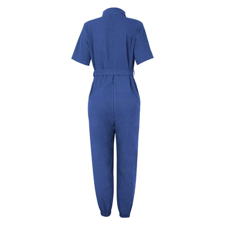 Jumpsuits For Women Summer Casual Short Sleeve Lapel Button Down Belt Work  Jumpsuit Rompers With Pockets