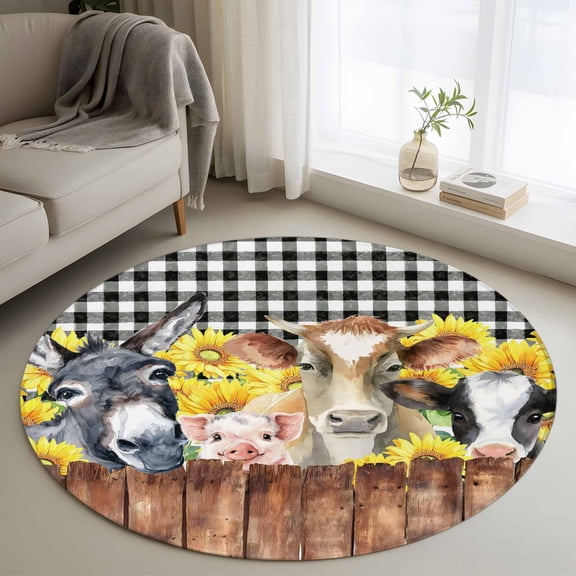 Round Rug 4Ft Washable Non-Slip, Plaid Pig Cow Wooden Circle Area Rugs for Living Room Bedroom, Black White Farmhouse Animals Indoor Floor Mats Carpet Runner for Home Decor Aesthetic