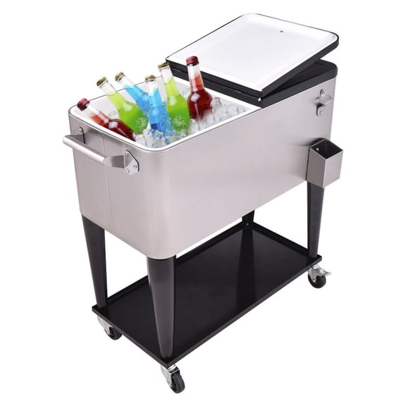 Biotree 80 Quart Rolling Cooler Stainless Steel Ice Beverage Cooler Cart with Bottom Shelf and Bottle Opener for Patio Parties and Backyard, Silver
