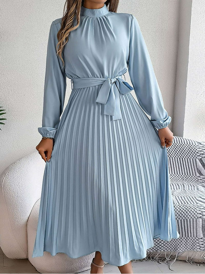 Deago Women's Spring Fall Maxi Dress Long Sleeve Pleated Casual Mock Neck Elegant A Line Flowy Long Dresses with Belt (Blue, S) Deago Women's Spring Fall Maxi Dress Long Sleeve Pleated Casual Mock Neck Elegant A Line Flowy Long Dresses with Belt (Blue, S)