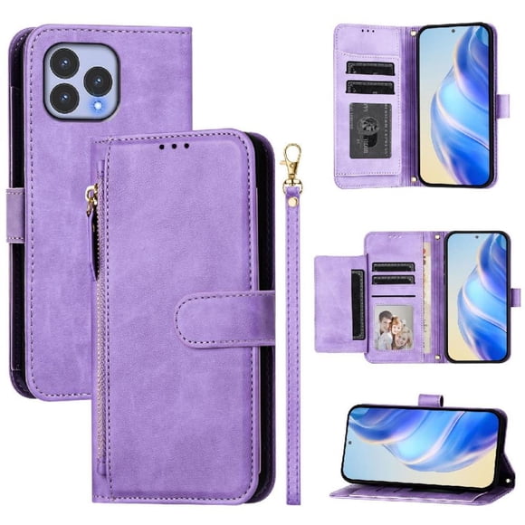 Étui pour Wiko T60 avec Poche Zippée, Portefeuille Magnétique à Rabat avec 7 Emplacements pour Cartes et Dragonne