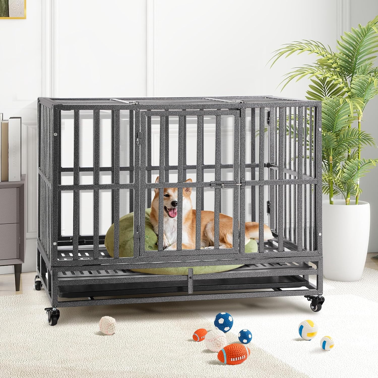 Haverchair Heavy Duty Indestructible Dog Crates for Large Dogs - 38 inch Folding Dog Kennel Extra Large Cage Crate, High Anxiety Dog Crate Indoor with Lockable Wheels, Double Door, Removable Tray