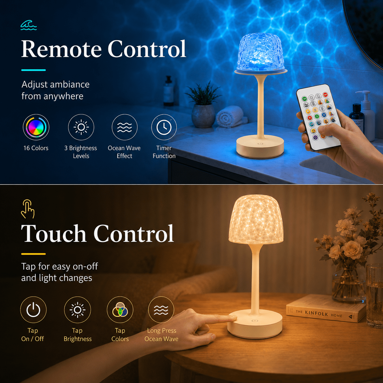 MEHOOM 16 Color Ocean Wave Shower Lamp, Waterproof Table Lamp with Projector, Rechargeable Small Lamp with Touch & Remote Control, Cordless Lamp for bedroom Bathroom