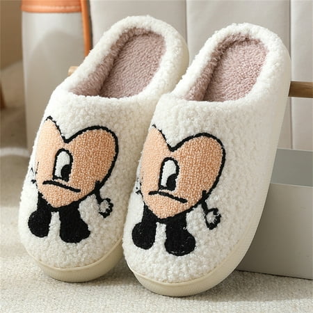 

Jieowen Bad Bunny Slippers for Women Men Cartoon Embroidery Warm Indoor Bedroom Winter Love Pattern Couple Slippers Holiday Gift