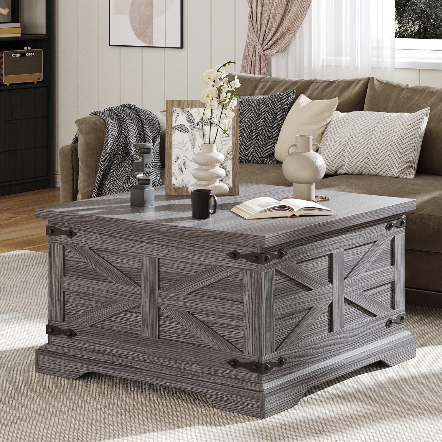 Frmobepts Farmhouse Coffee Table, Square Wood Center Table with Storage and Lift Top, Metal Corners for Living Room, Grey