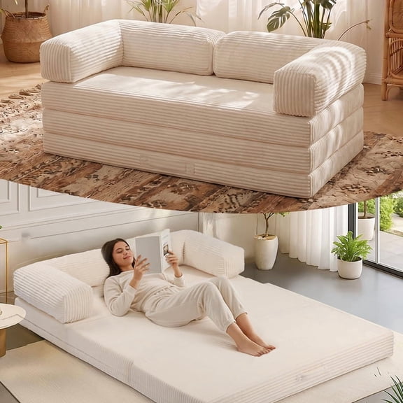 Tri-Fold Sofa Bed Queen,Plush Boneless Couch with Removable Armrests & Handle,Beige