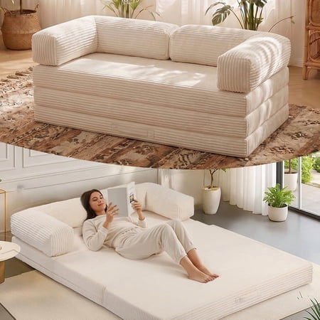 Tri-Fold Sofa Bed Queen,Plush Boneless Couch with Removable Armrests & Handle,Beige