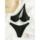thumbnail image 3 of Conjunto de Bikini para mujer, traje de baño pequeño cruzado con flores en 3D, color verde liso y negro, con cuello Halter y Tanga, novedad de 2024, 3 of 5