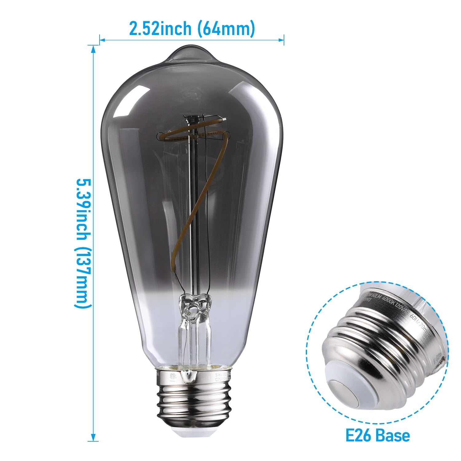 12 Pack Light Bulb Dimmable, LED Vintage Edison Bulbs, E26 Base, Antique Flexible Filament Bulb, Decorative Light Bulbs for Ceiling Light, 4000K Cool White, Smoke Gray