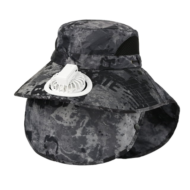 Summer Outdoor Fishing Hat with Sun Protection Mask, UPF 50+ Neck Cover Breathable USB Fan Cooling Cap, Adjustable Drawstring Windproof Sunshade Bucket Hat for Hiking