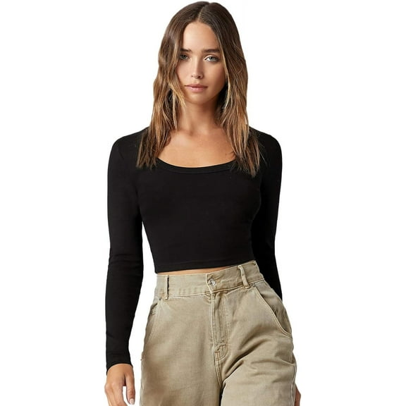 Women's Basic Scoop Neck Long Sleeve Fitted Crop Top Tee Shirt