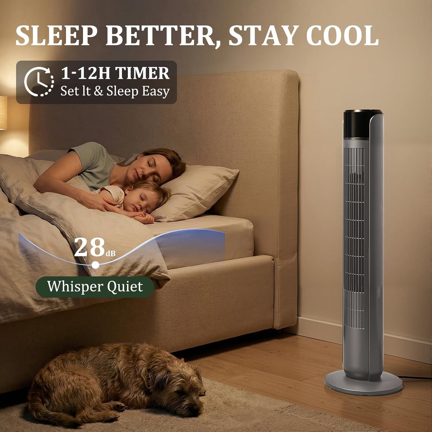 Blazezo Tower Fan With Remote, 60° Oscillating Bladeless Cooling Fan, 28dB Quiet Standing Floor Fan for Bedroom Home Office, 5 Speeds 4 Modes 12H Timer