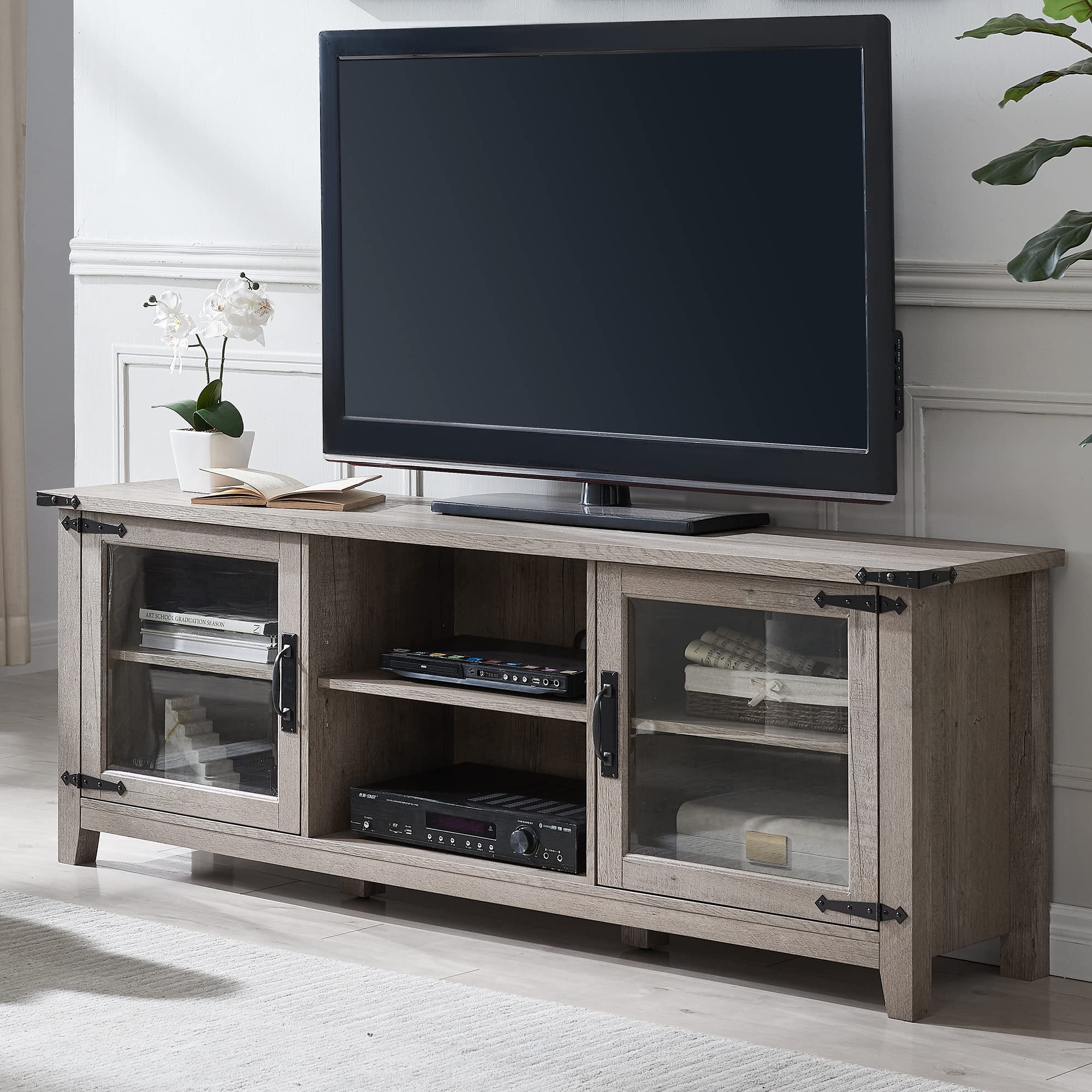 OKD Farmhouse TV Stand Wood for TVs up to 75", Light Rustic Oak Finish