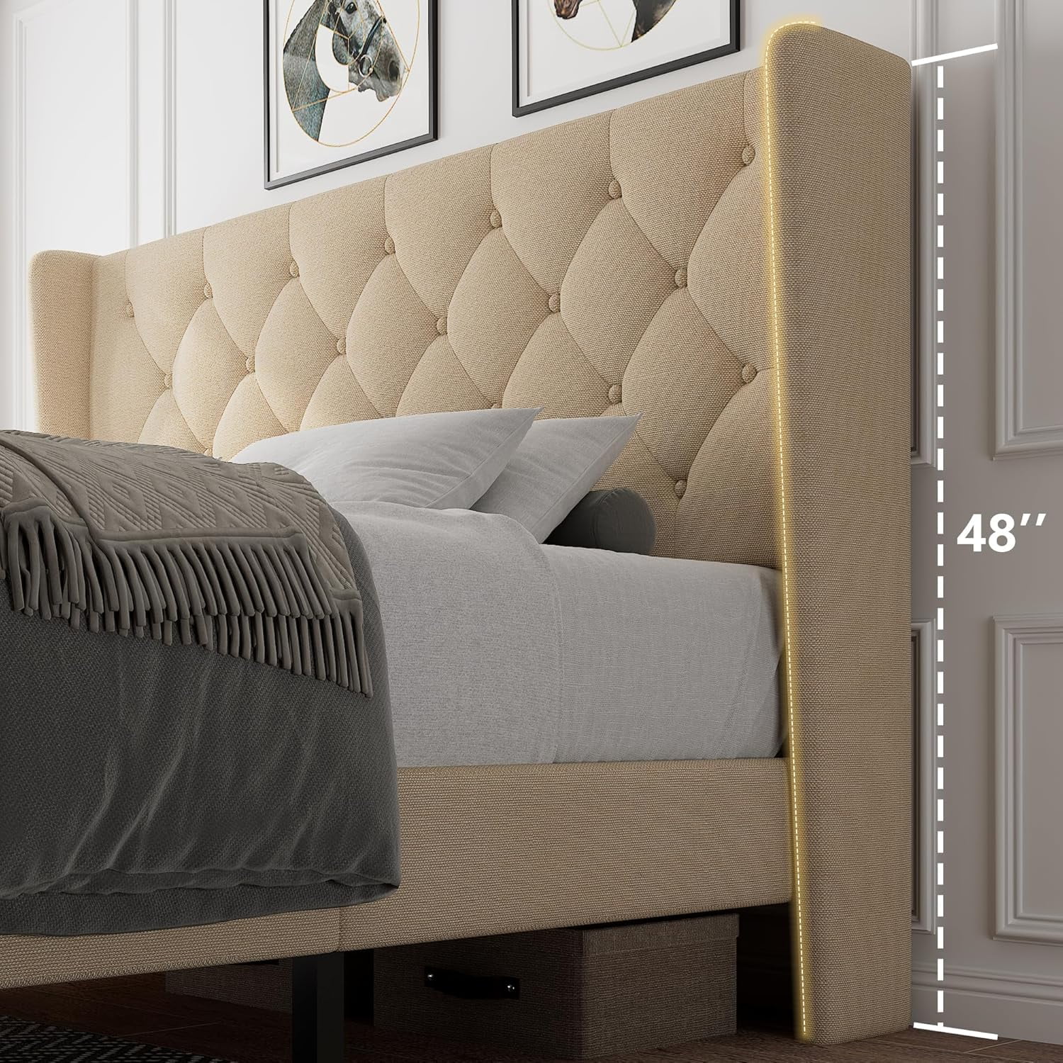 iPormis Full Size Bed Frame with Diamond Button Tufted Wingback Headboard, Upholstered Platform Bed Frame with Strong Wood Slat Support, No Box Spring Needed,Beige