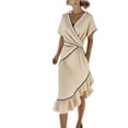 thumbnail image 3 of Oksale Elegant Dresses for Women Wedding Guest Asymmetrical Ruffle Hem V Neck Wrap Dress Cozy Batwing Sleeve Midi Vacation Summer Dresses for Holiday Beige XL, 3 of 8