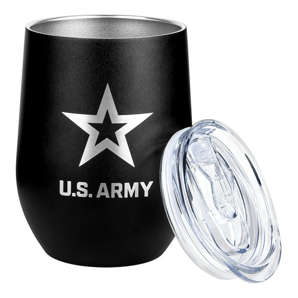 Military Gift Shop Army Steel Stemless Outdoor Wine Glass Tumbler, 12 oz Double Wall Vacuum Insulated Whiskey Tumbler–Matte Black with US Army logo and Lid