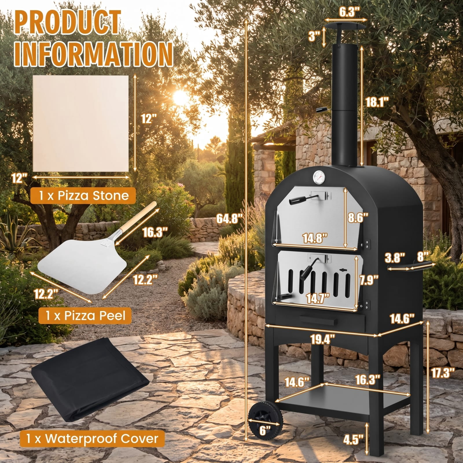 Biotree Portable Outdoor Pizza Oven with Pizza Stone and Waterproof Cover for Backyard Cooking, Black