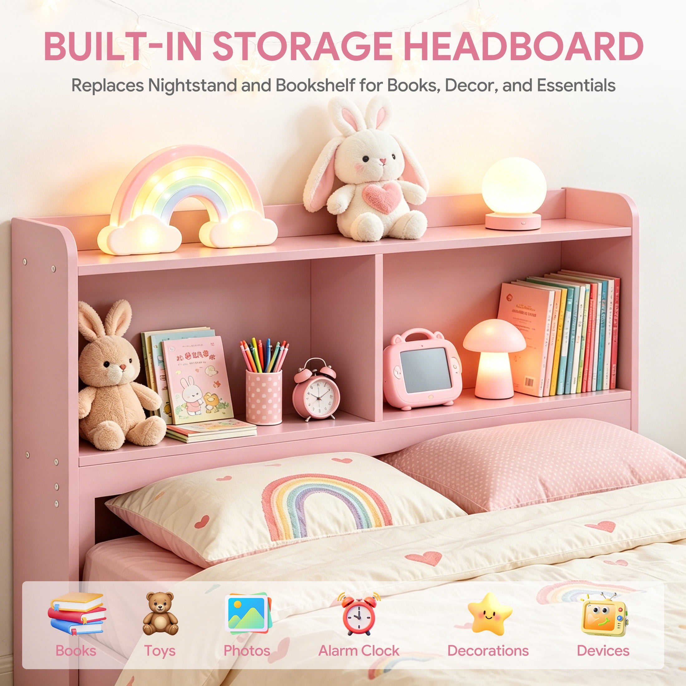 UHOMEPRO Twin Trundle Bed with Storage Headboard, Pink Trundle Bed Frame for Kids Girls Boys, Twin Bed with Trundle, No Box Spring Needed